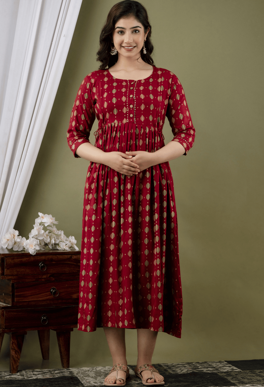 Maroon Geometric Printed Viscose Rayon Maternity & Feeding Maxi Dress