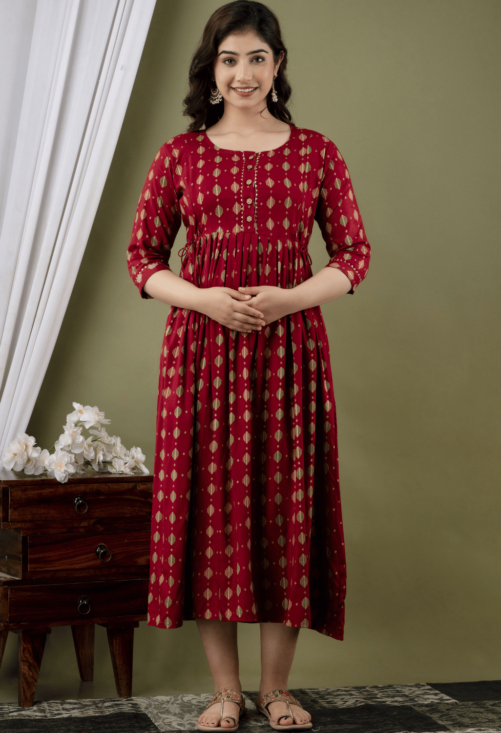 Maroon Geometric Printed Viscose Rayon Maternity & Feeding Maxi Dress