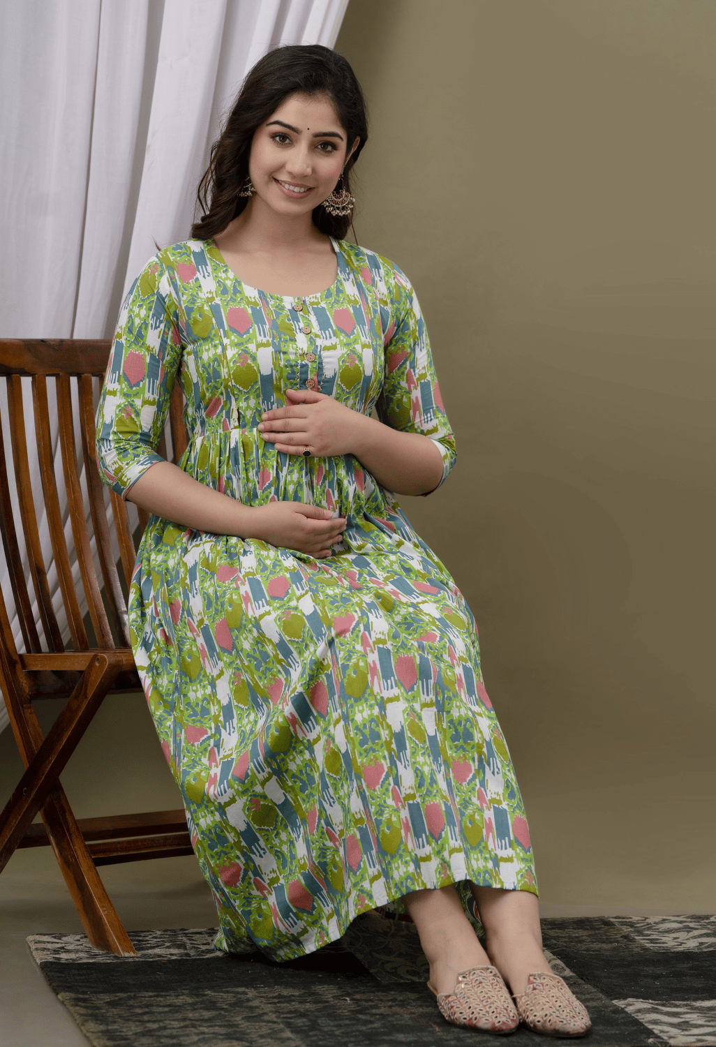 Sage Green Abstract Printed Viscose Rayon Maternity & Feeding Maxi Dress
