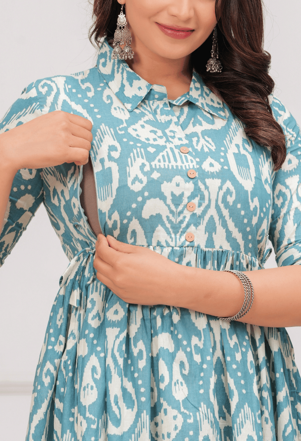 Sky Blue Ikat Printed Collared Viscose Rayon Maternity & Feeding Midi Dress