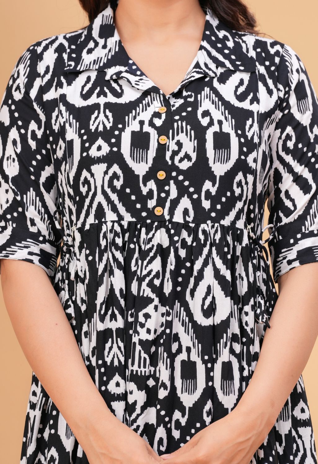Black Ikat Printed Collared Viscose Rayon Maternity & Feeding Midi Dress