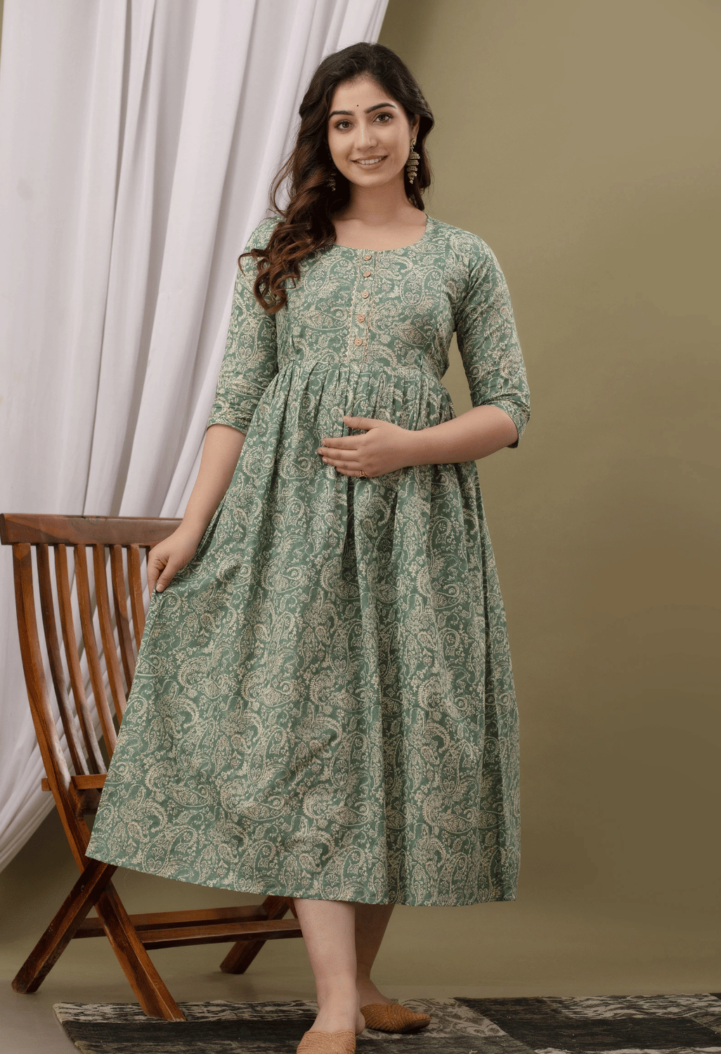 Sage Green Paisley Printed Viscose Rayon Maternity & Feeding Maxi Dress