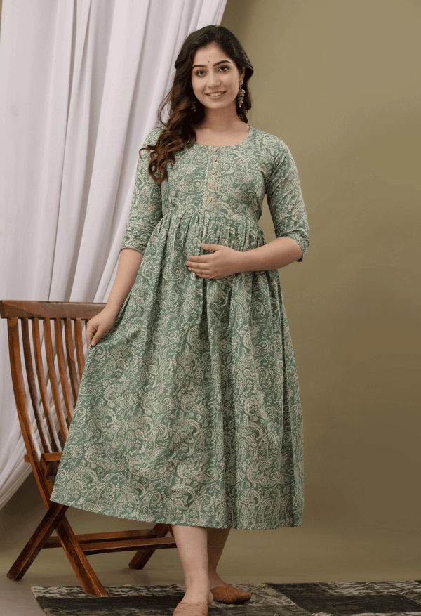 Sage Green Paisley Printed Viscose Rayon Maternity & Feeding Maxi Dress