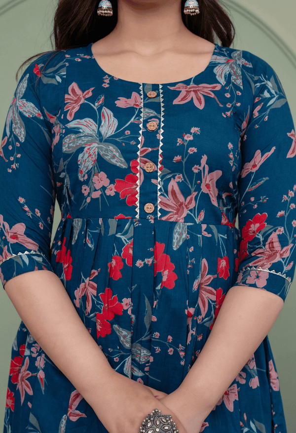 Navy Blue Botanical Floral Printed Viscose Rayon Maternity & Feeding Maxi Dress