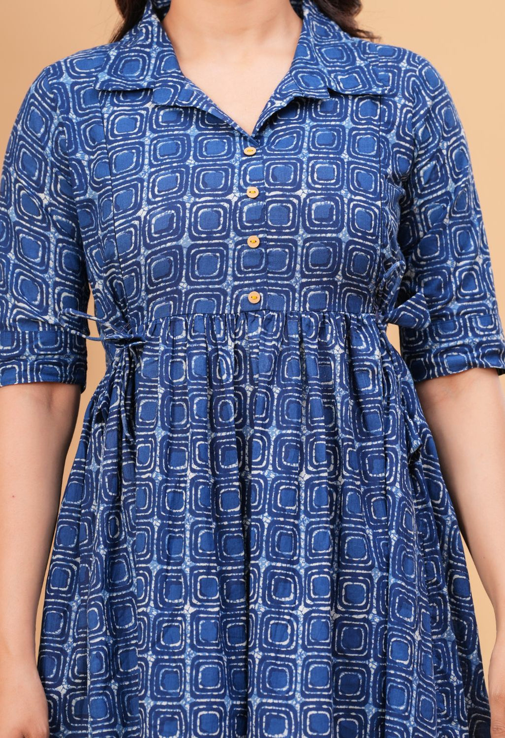 Indigo Geometric Printed Collared Viscose Rayon Maternity & Feeding Midi Dress