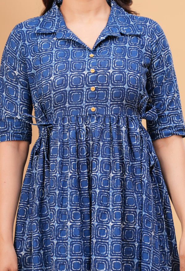 Indigo Geometric Printed Collared Viscose Rayon Maternity & Feeding Midi Dress