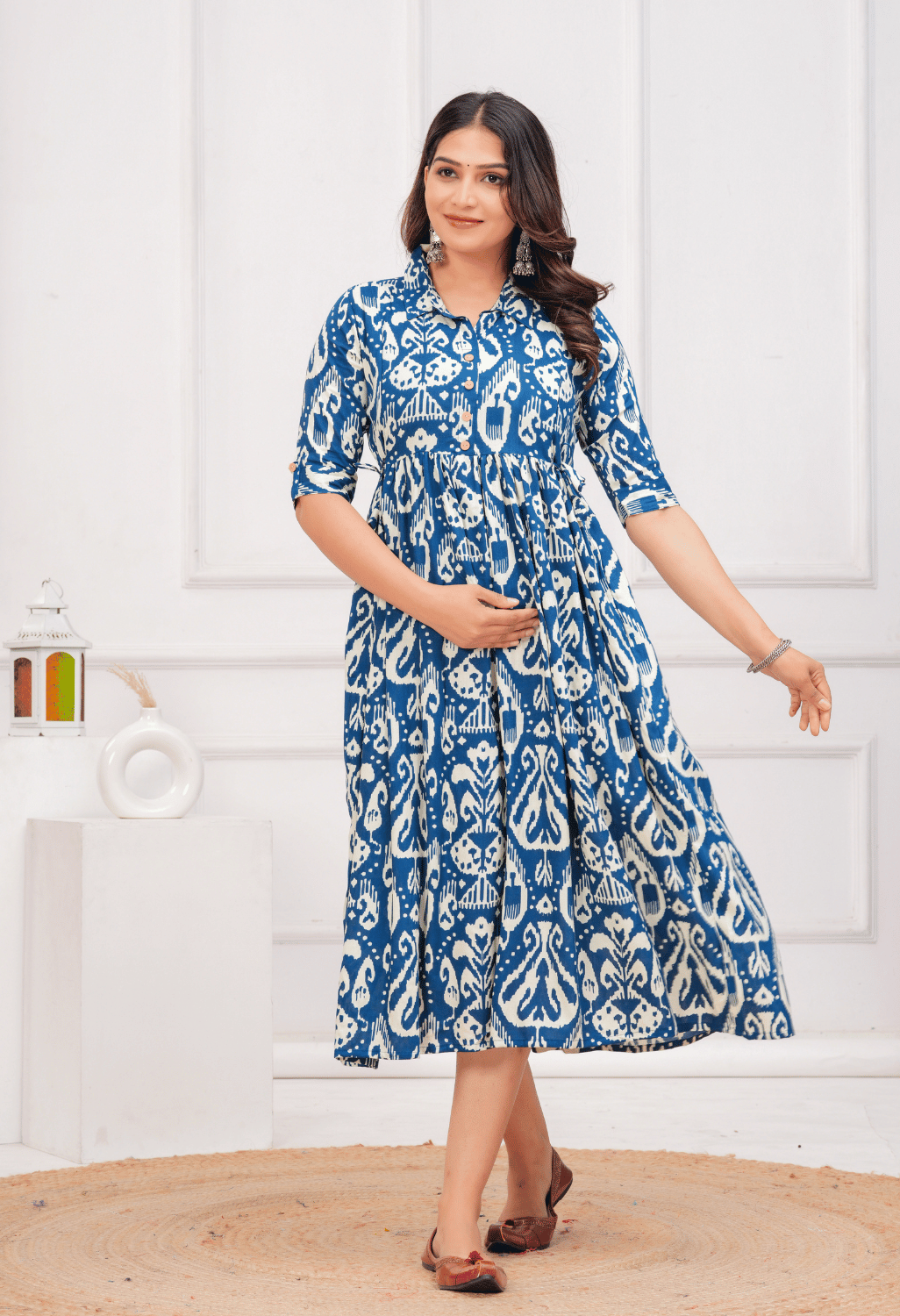 Royal Blue Ikat Printed Collared Viscose Rayon Maternity & Feeding Midi Dress Secondary image