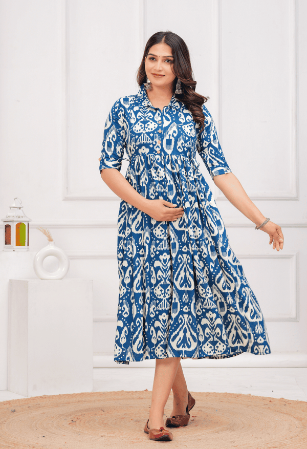 Royal Blue Ikat Printed Collared Viscose Rayon Maternity & Feeding Midi Dress