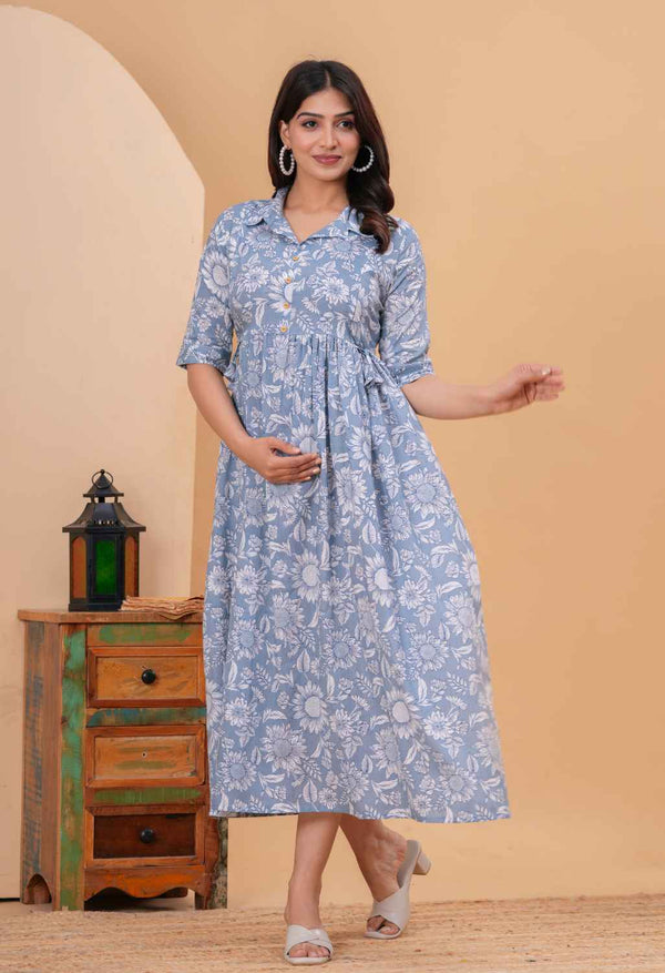 Bloom Mist Blue Floral Printed Collared Viscose Rayon Maternity & Feeding Midi Dress