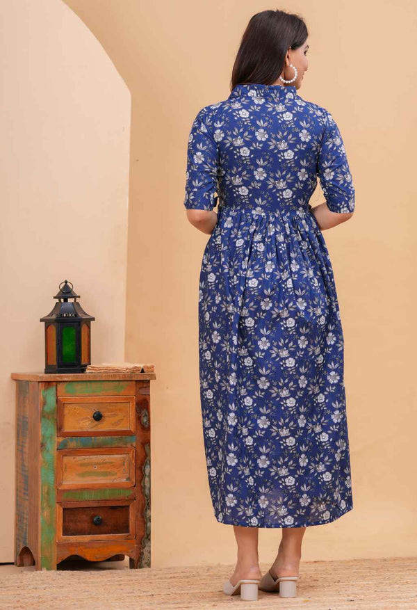 Indigo Floral Printed Collared Viscose Rayon Maternity & Feeding Midi Dress