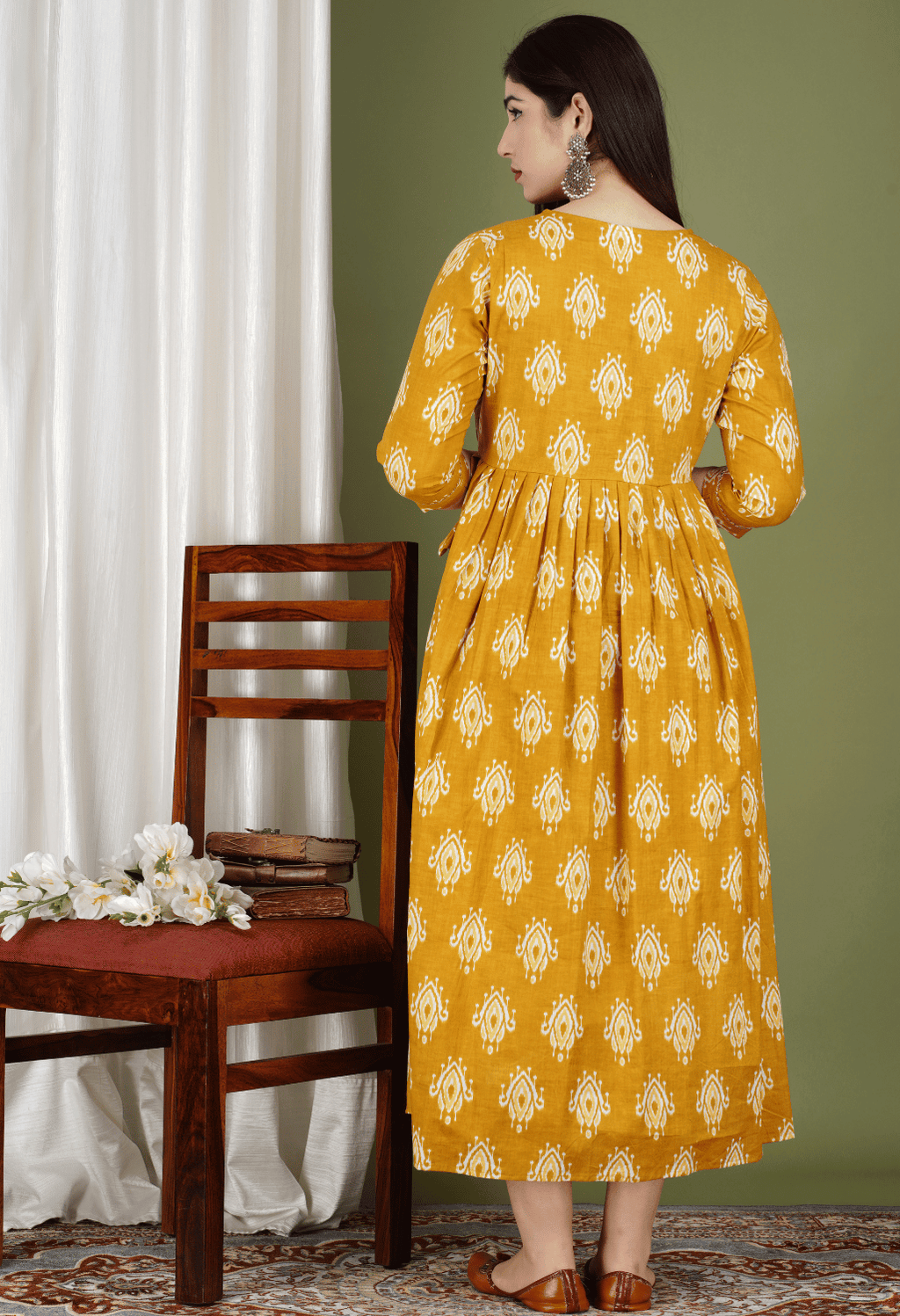 Mustard Yellow Printed Viscose Rayon Maternity & Feeding Midi Dress
