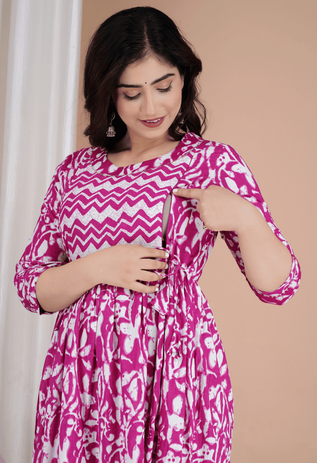 Rani Pink & White Abstract Printed Viscose Rayon Maternity & Feeding Midi Dress