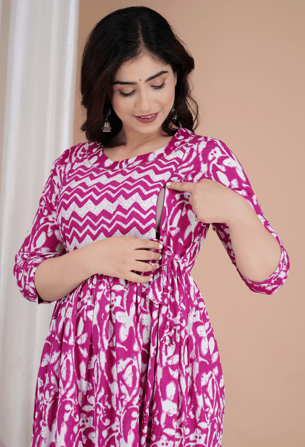 Rani Pink & White Abstract Printed Viscose Rayon Maternity & Feeding Midi Dress