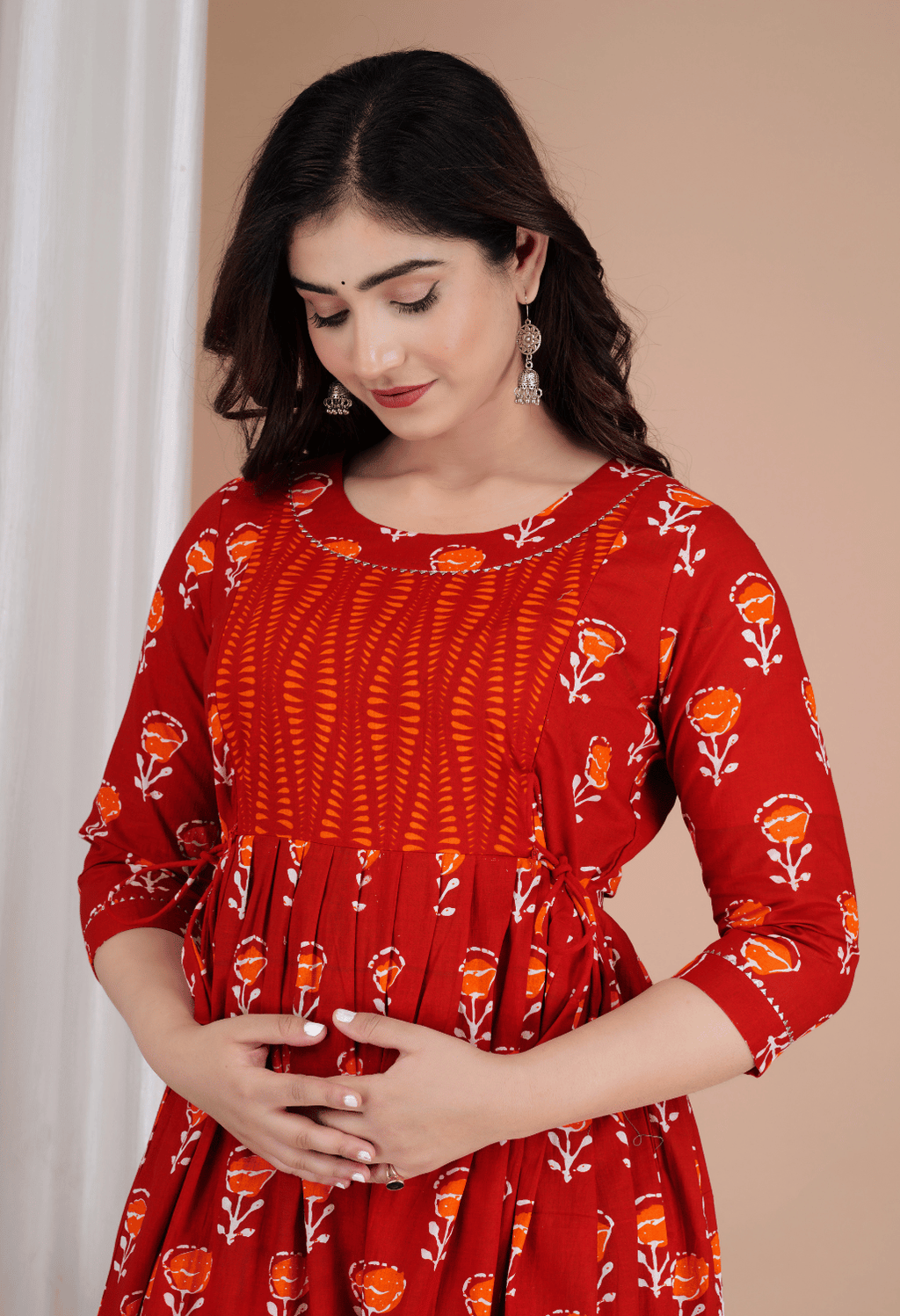 Brick Red Floral Printed Viscose Rayon Maternity & Feeding Maxi Dress