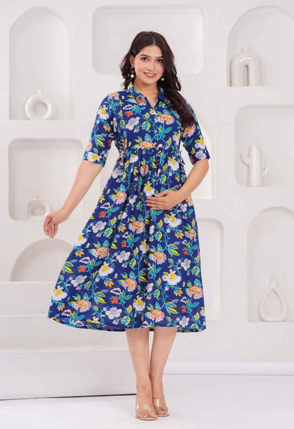 Navy Blue Floral Printed Collared Viscose Rayon Maternity & Feeding Midi Dress