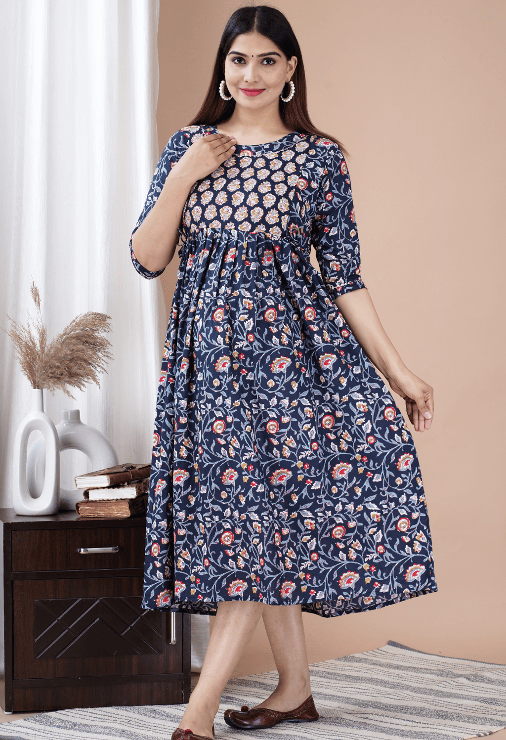 Navy Blue Floral Printed Viscose Rayon Maternity & Feeding Midi Dress