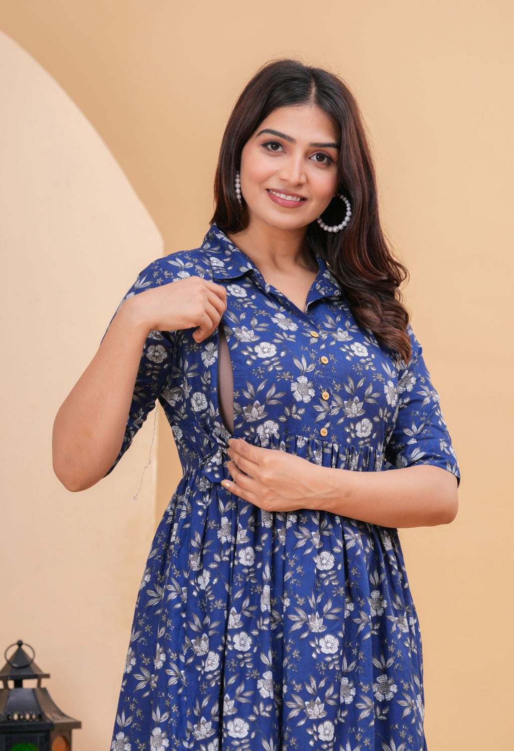 Blue Floral Printed Collared Viscose Rayon Maternity & Feeding Midi Dress