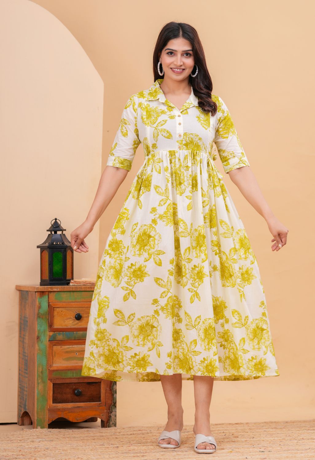White & Mustard Floral Printed Collared Viscose Rayon Maternity & Feeding Midi Dress