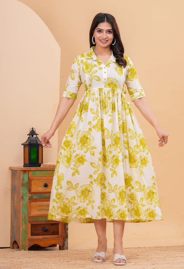 White & Mustard Floral Printed Collared Viscose Rayon Maternity & Feeding Midi Dress