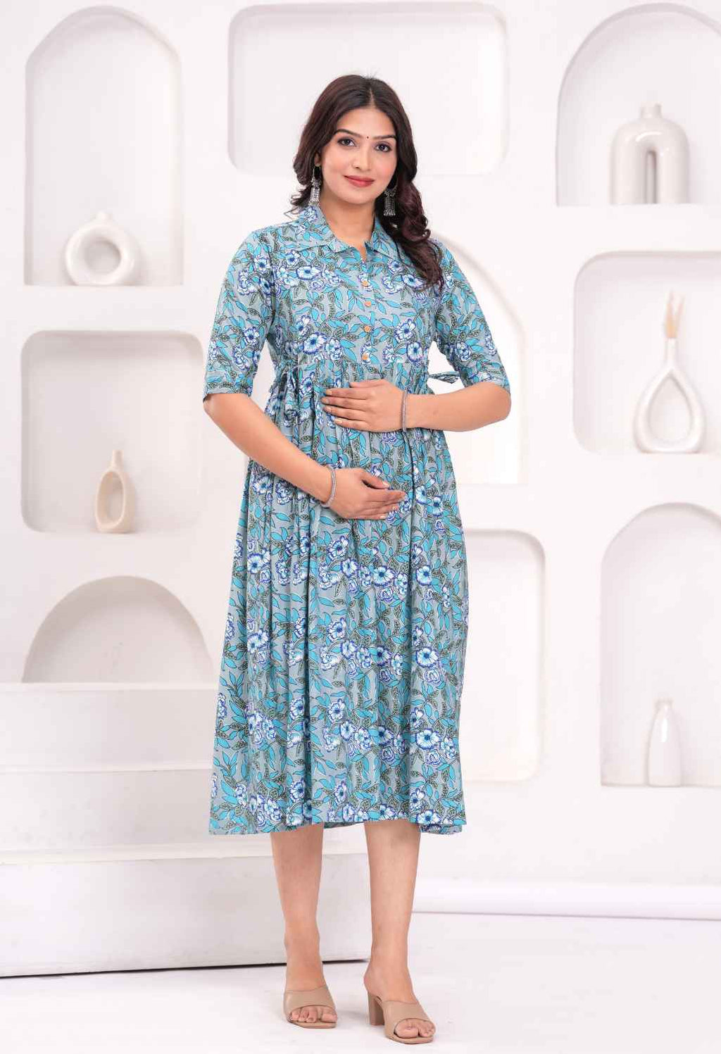 Sky Blue Floral Printed Collared Viscose Rayon Maternity & Feeding Midi Dress