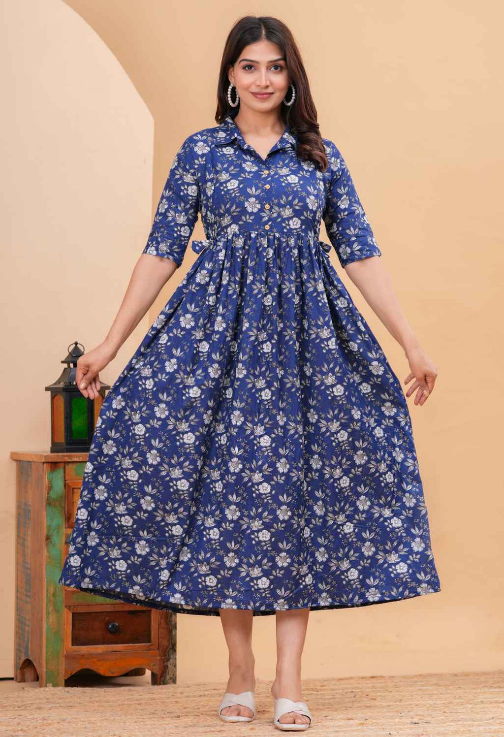Indigo Floral Printed Collared Viscose Rayon Maternity & Feeding Midi Dress