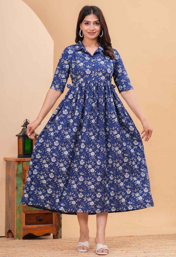 Indigo Floral Printed Collared Viscose Rayon Maternity & Feeding Midi Dress