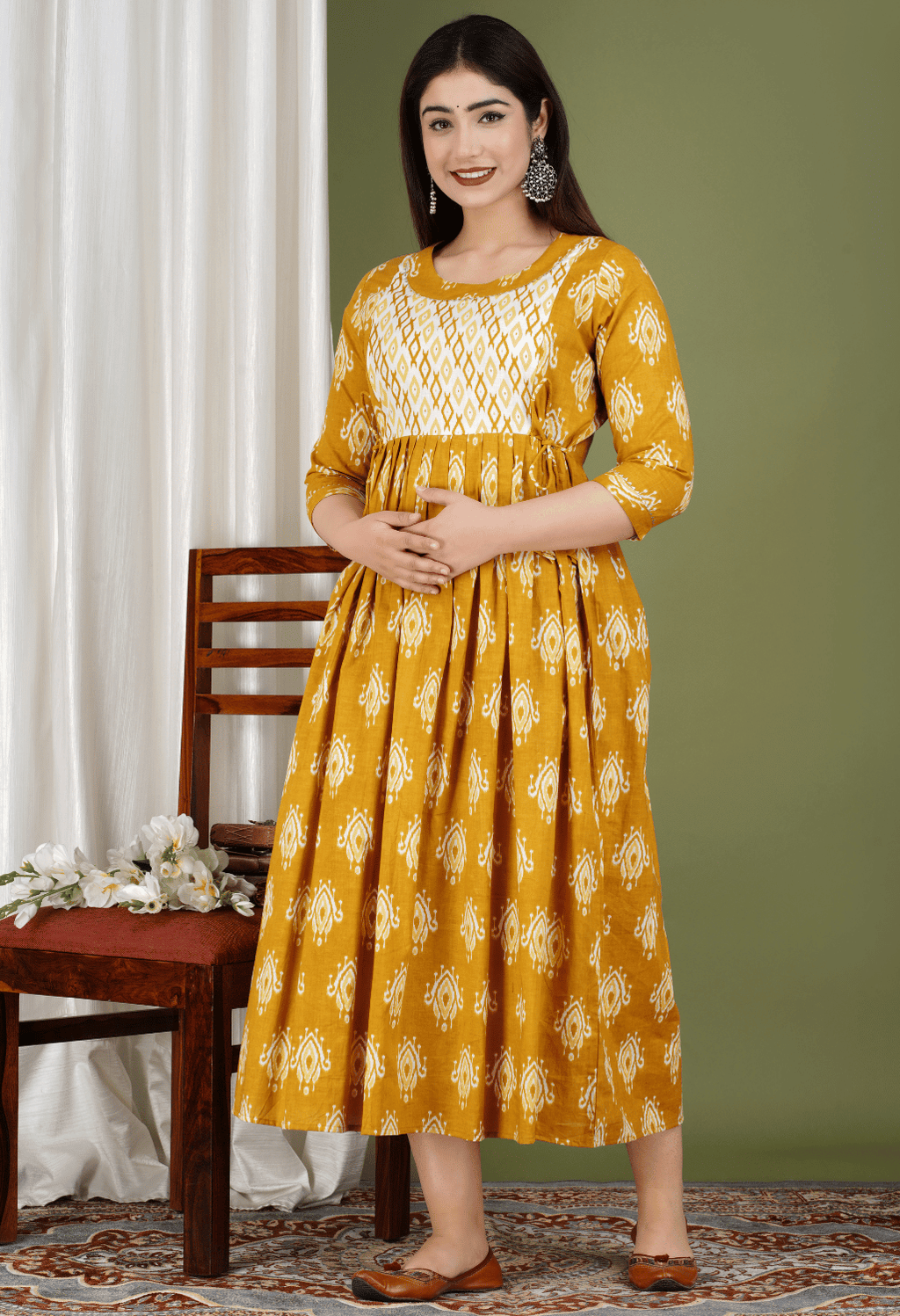 Mustard Yellow Printed Viscose Rayon Maternity & Feeding Midi Dress