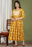 Mustard Yellow Printed Viscose Rayon Maternity & Feeding Midi Dress