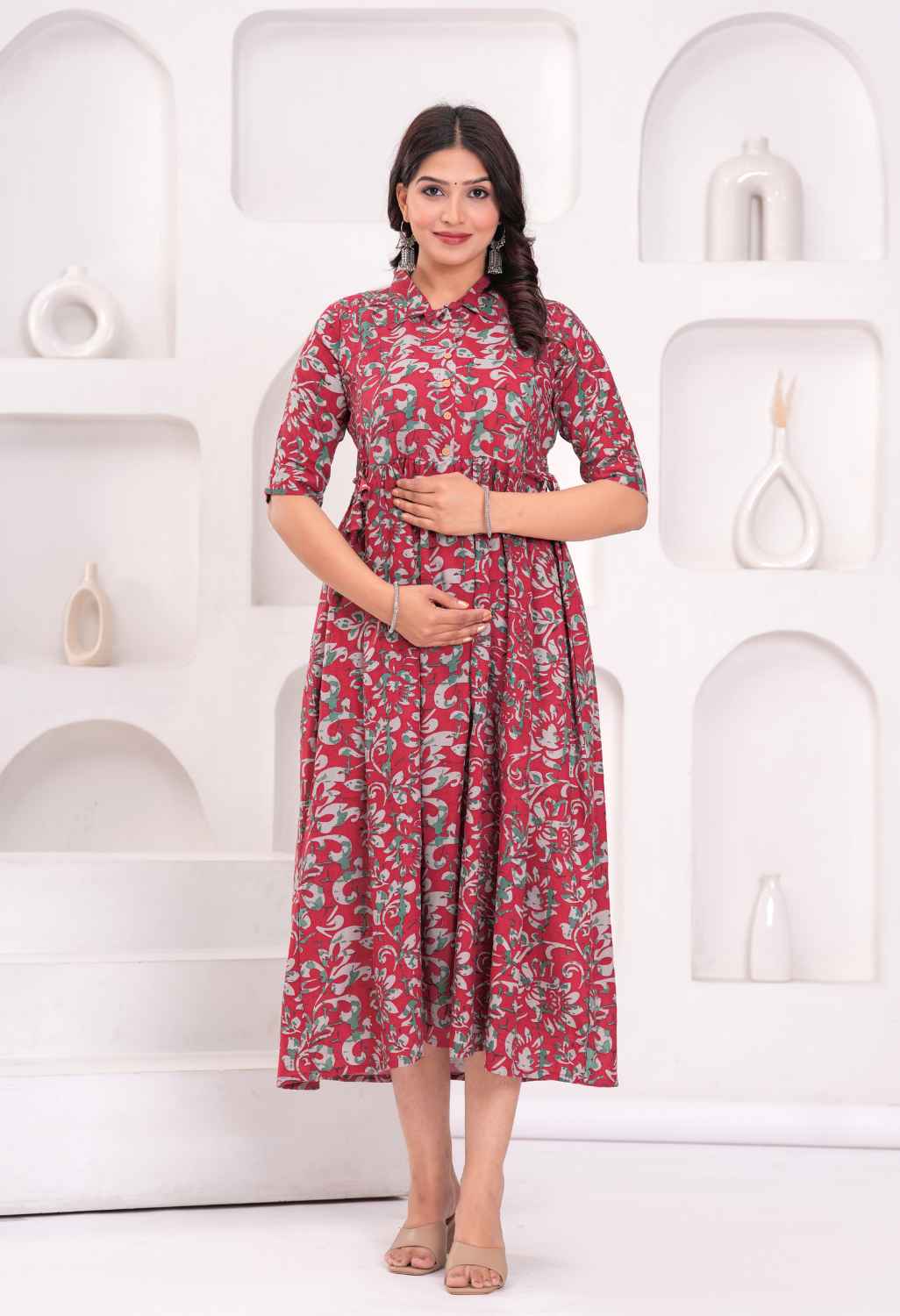 Rose Pink Floral Printed Collared Viscose Rayon Maternity & Feeding Midi Dress Main image