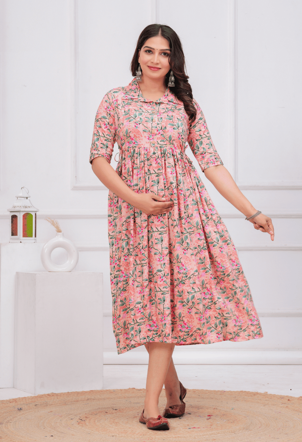 Peach Floral Printed Collared Viscose Rayon Maternity & Feeding Maxi Dress