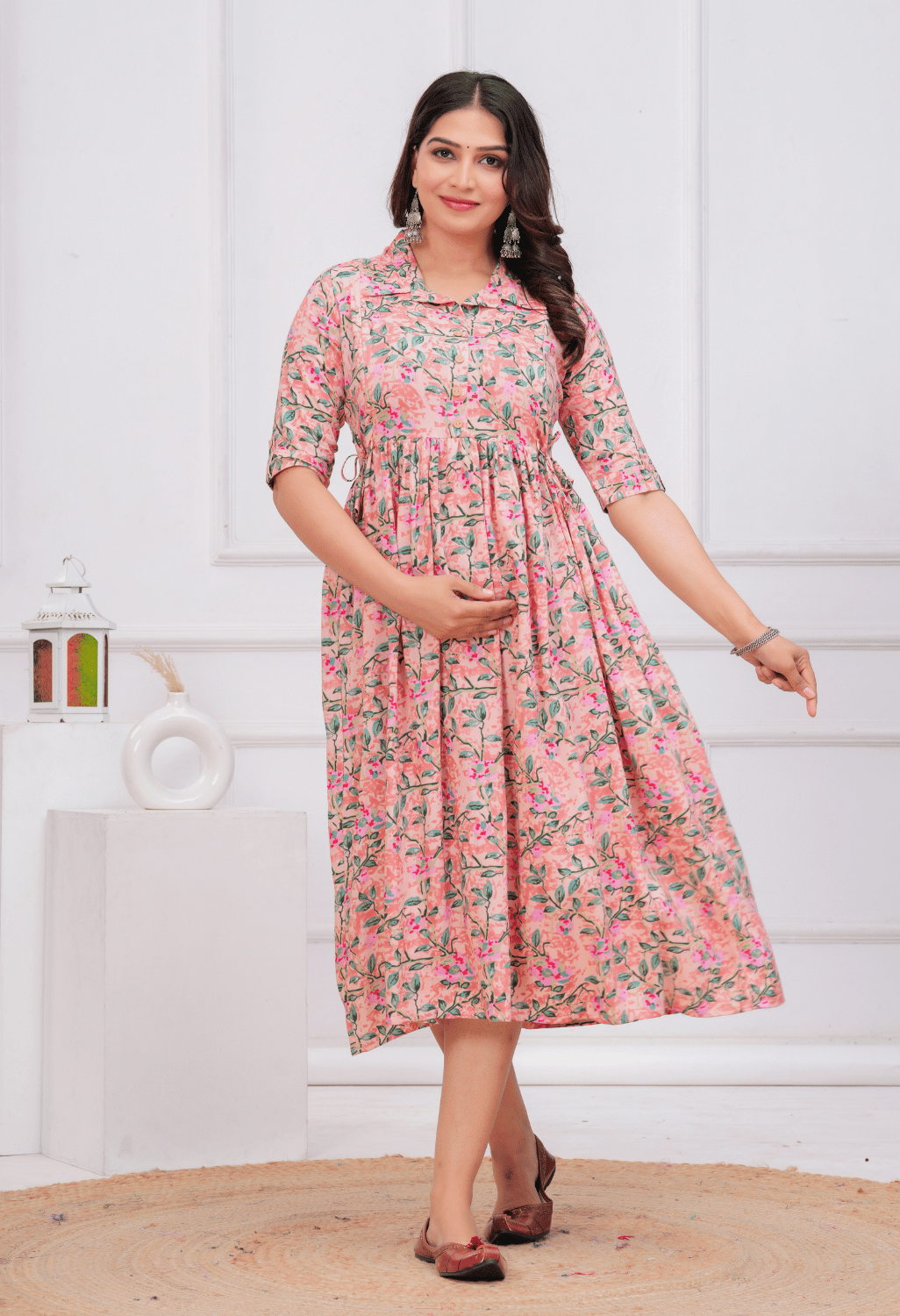 Peach Floral Printed Collared Viscose Rayon Maternity & Feeding Maxi Dress