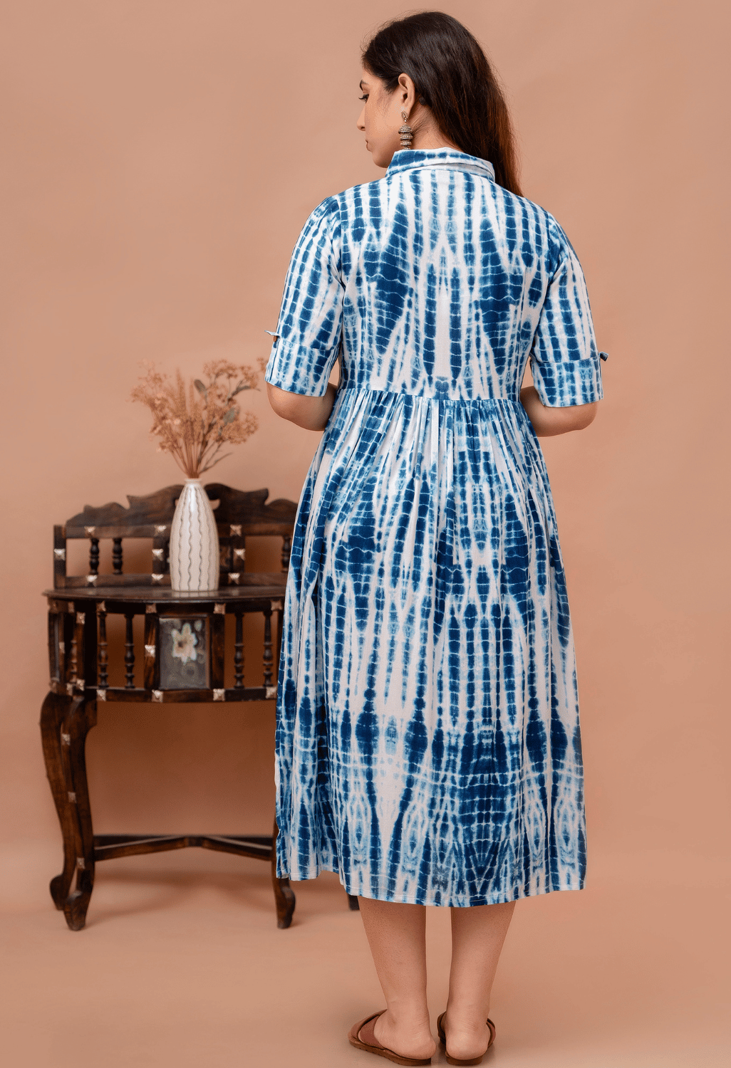 Indigo Blue Shibori Printed Collared Viscose Rayon Maternity & Feeding Midi Dress