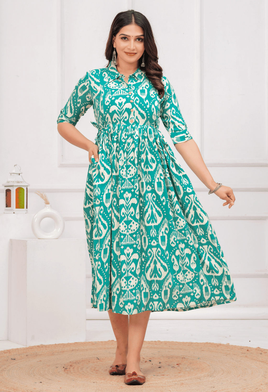 Teal Green Ikat Printed Collared Viscose Rayon Maternity & Feeding Midi Dress