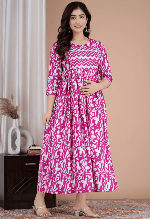 Rani Pink & White Abstract Printed Viscose Rayon Maternity & Feeding Midi Dress
