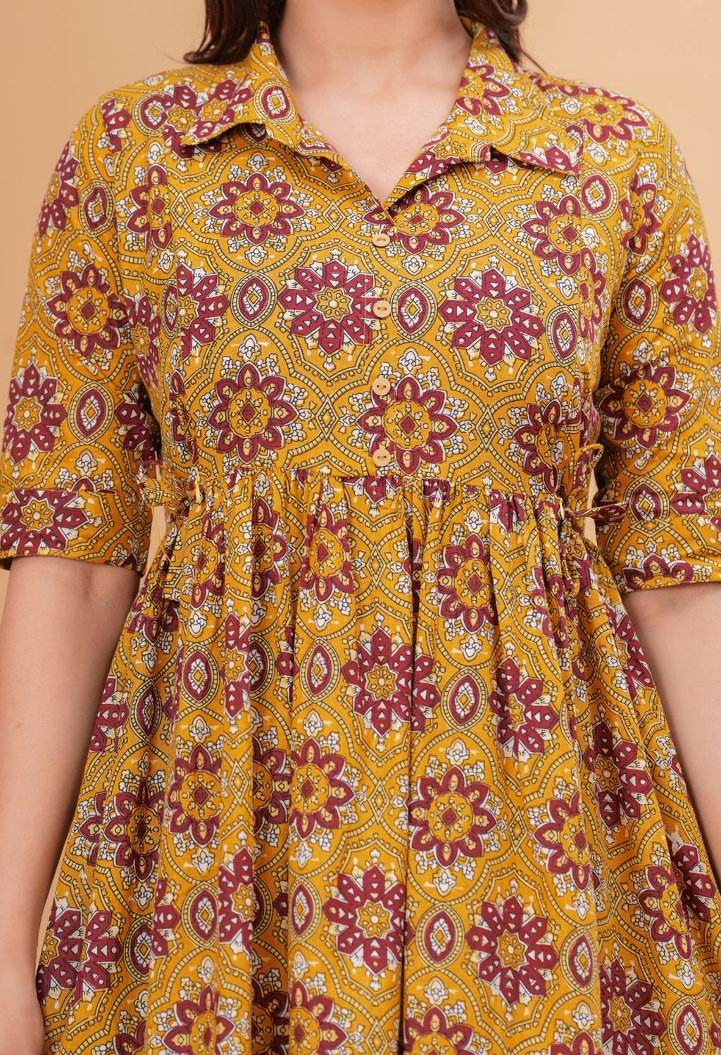 Mustard Ethnic Printed Collared Viscose Rayon Maternity & Feeding Midi Dress