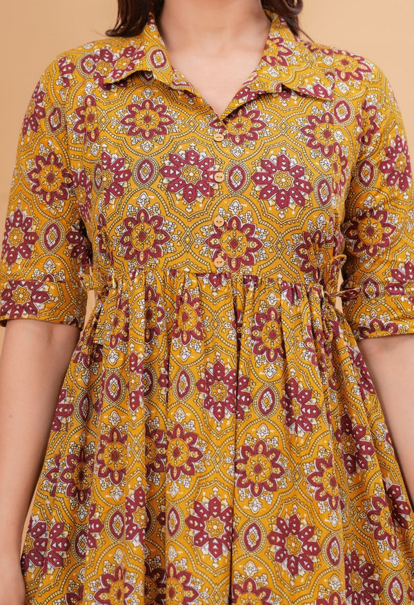 Mustard Ethnic Printed Collared Viscose Rayon Maternity & Feeding Midi Dress