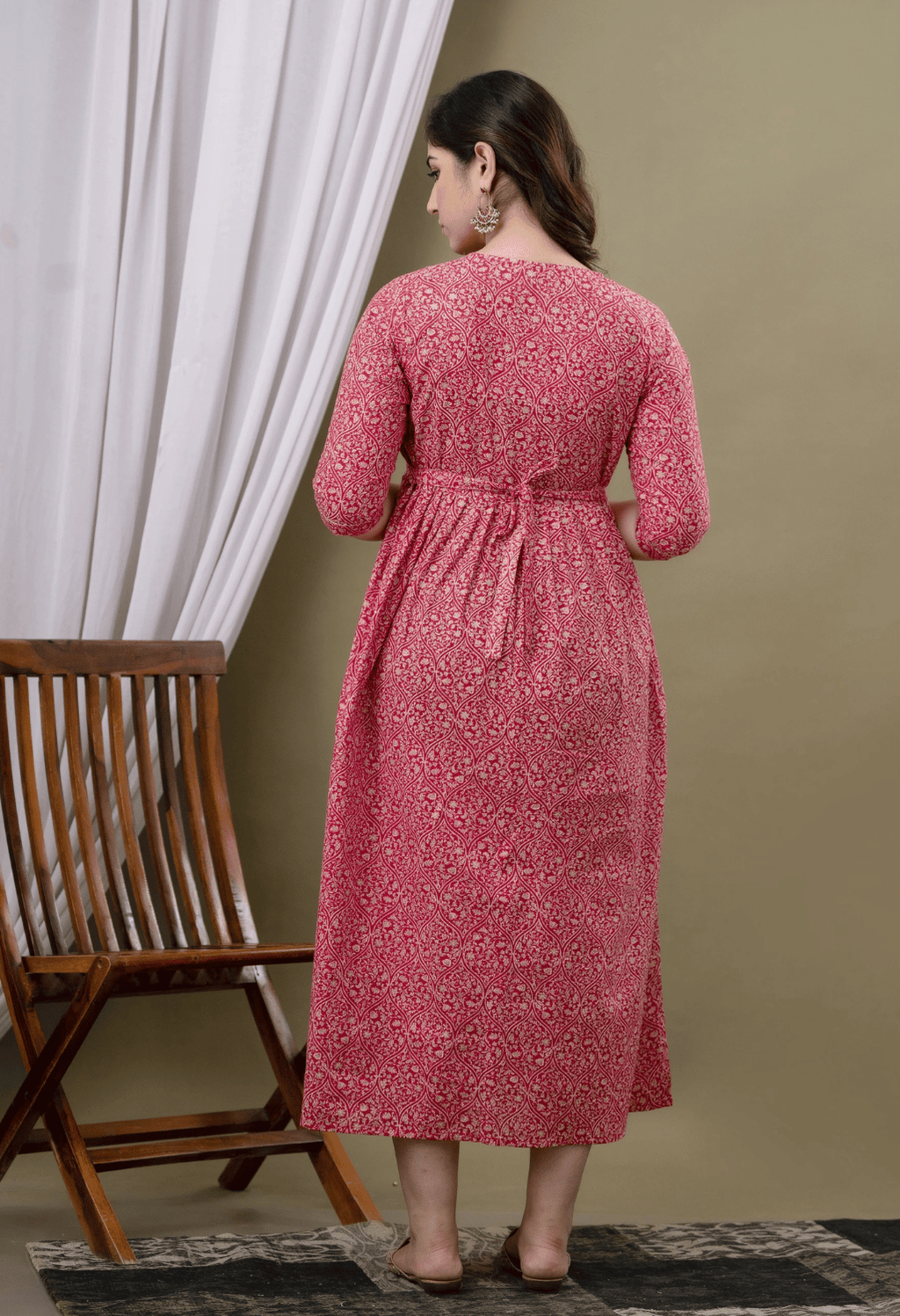 Rose Pink Printed Viscose Rayon Maternity & Feeding Maxi Dress