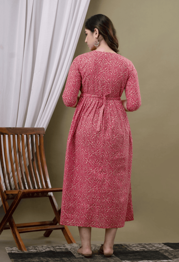Rose Pink Printed Viscose Rayon Maternity & Feeding Maxi Dress