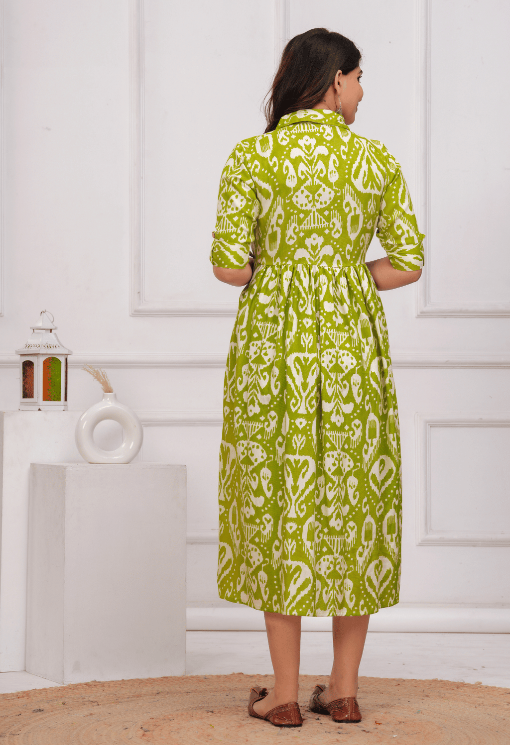 Lime Green Ikat Printed Collared Viscose Rayon Maternity & Feeding Midi Dress