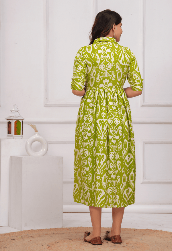 Lime Green Ikat Printed Collared Viscose Rayon Maternity & Feeding Midi Dress