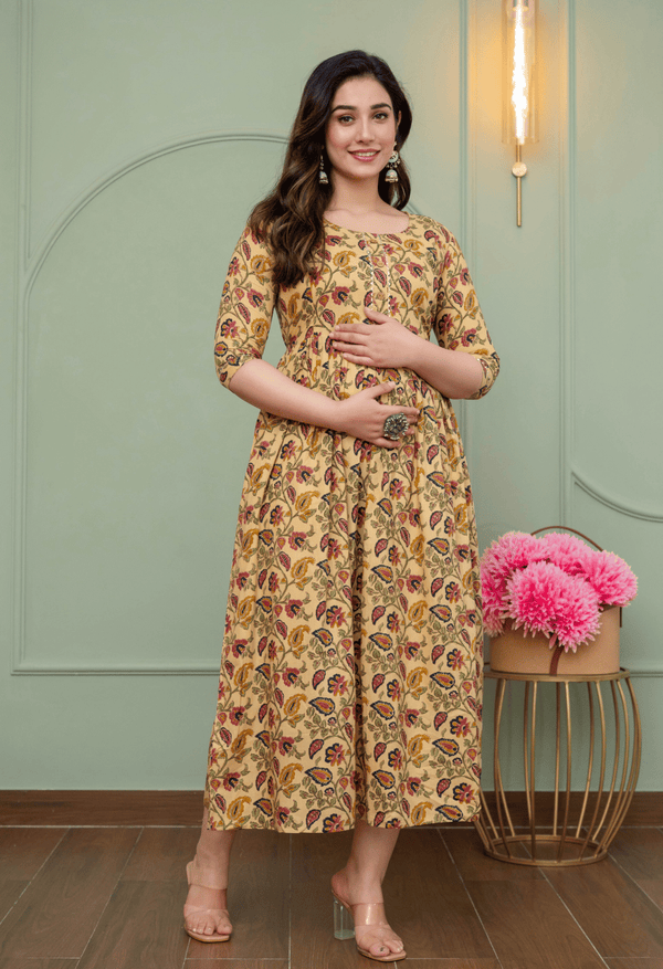 Beige Paisley Floral Printed Viscose Rayon Maternity & Feeding Maxi Dress
