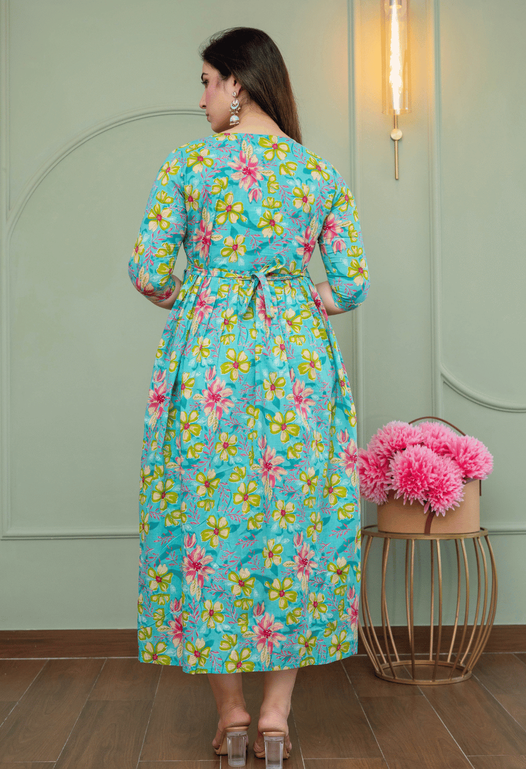 Sky Blue Floral Printed Viscose Rayon Maternity & Feeding Maxi Dress