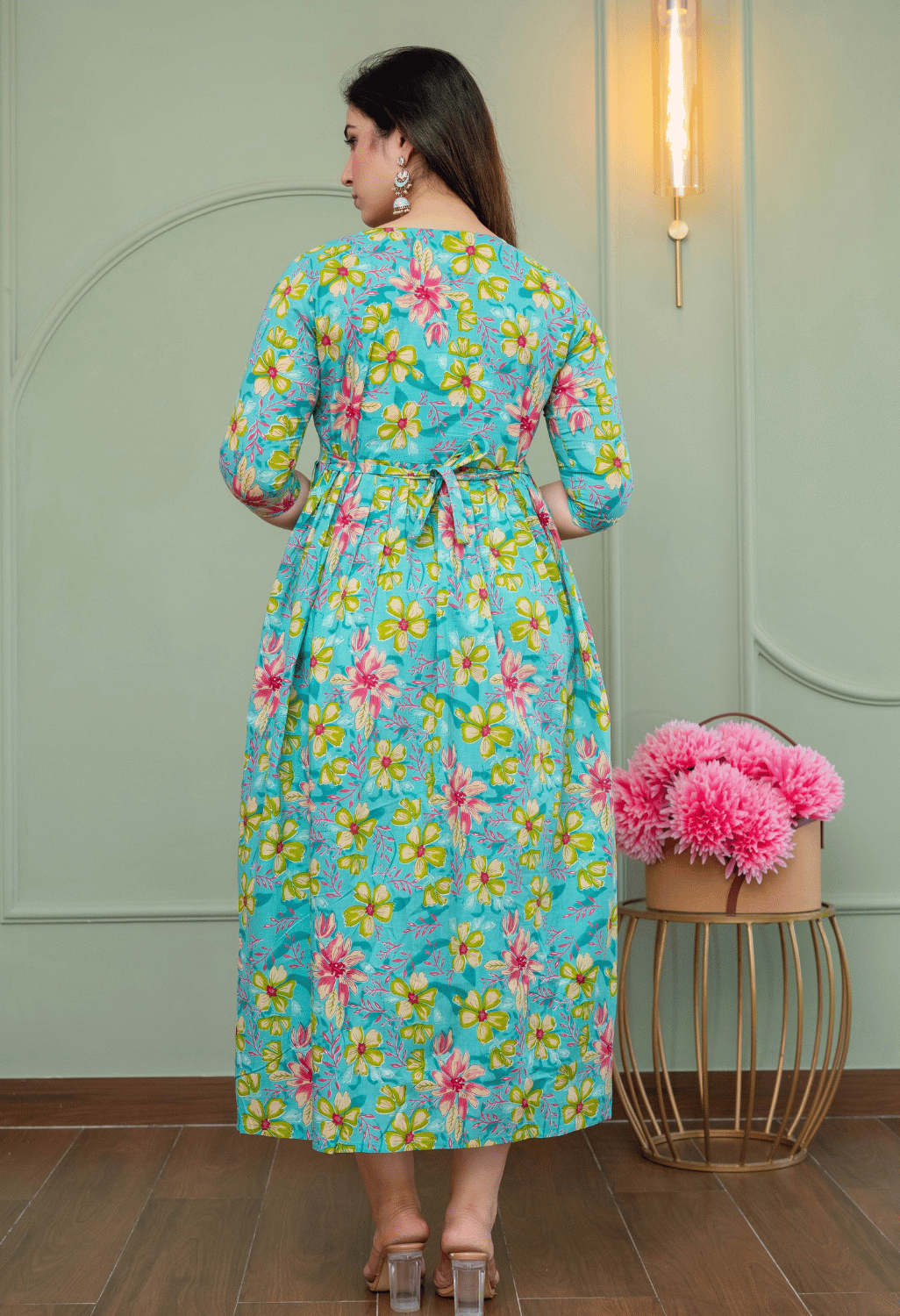 Sky Blue Floral Printed Viscose Rayon Maternity & Feeding Maxi Dress