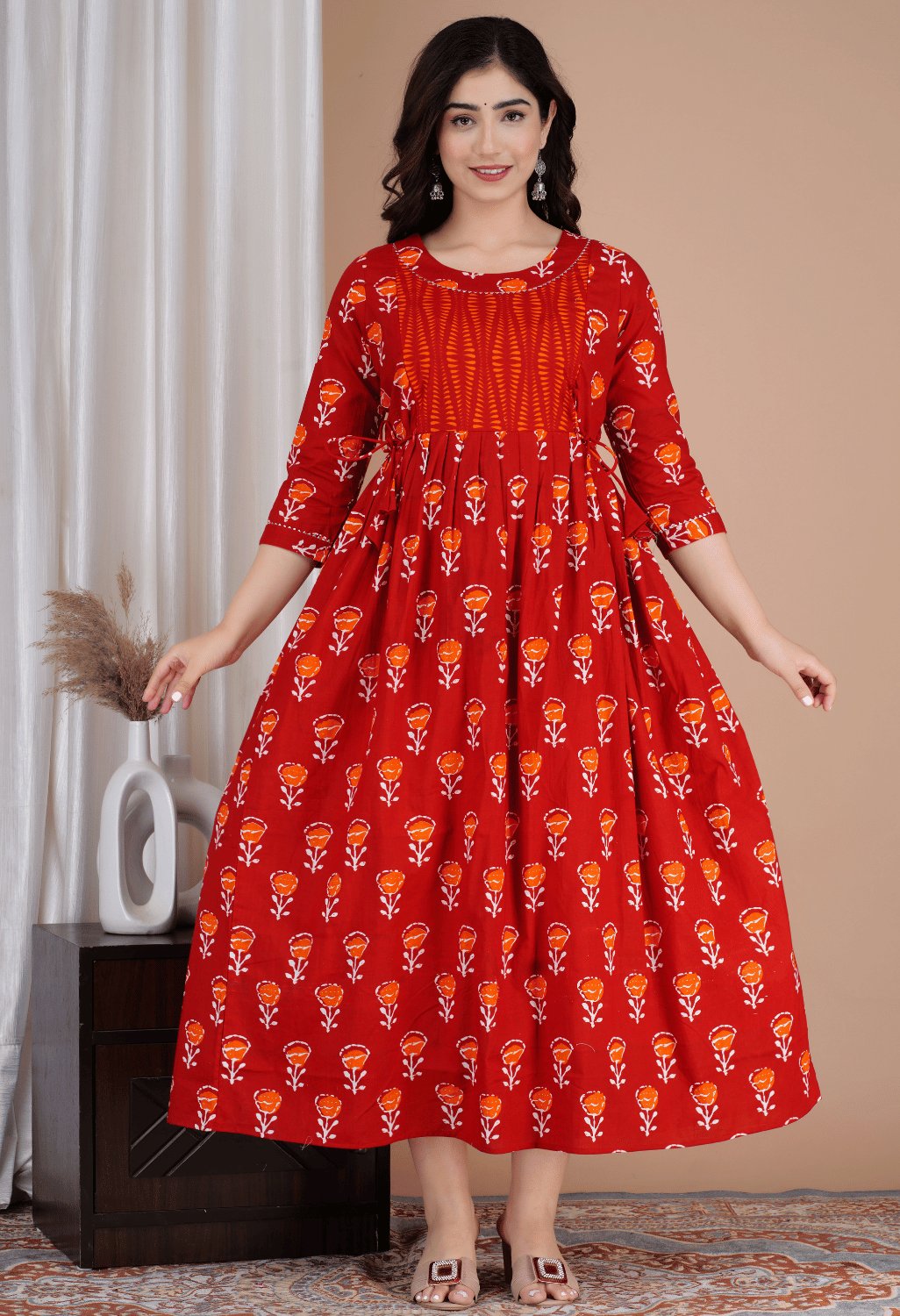Brick Red Floral Printed Viscose Rayon Maternity & Feeding Maxi Dress