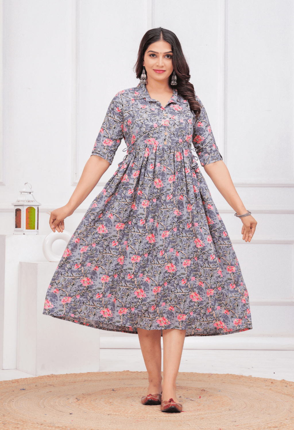Grey Floral Printed Collared Viscose Rayon Maternity & Feeding Midi Dress