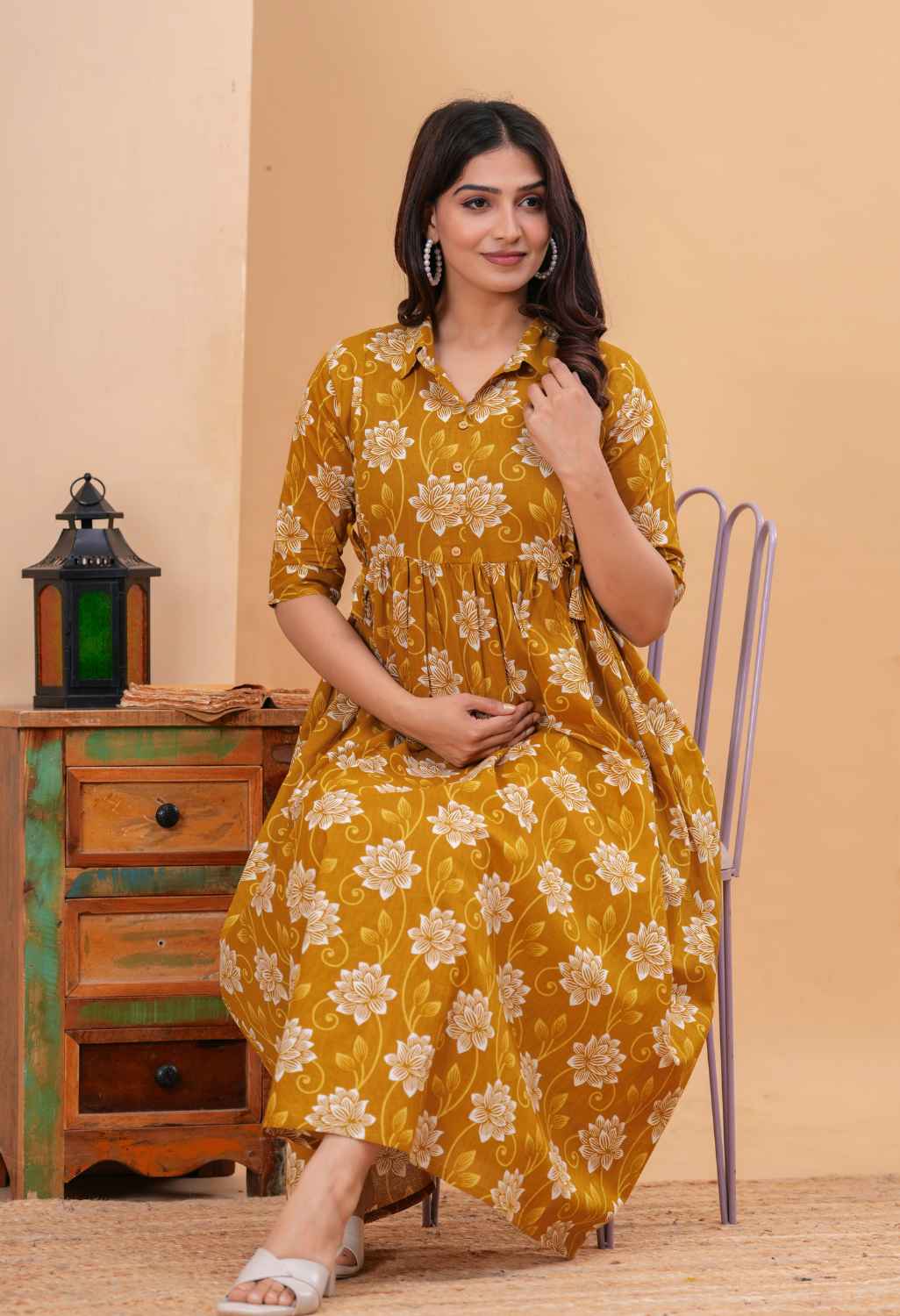 Mustard Floral Printed Collared Viscose Rayon Maternity & Feeding Midi Dress