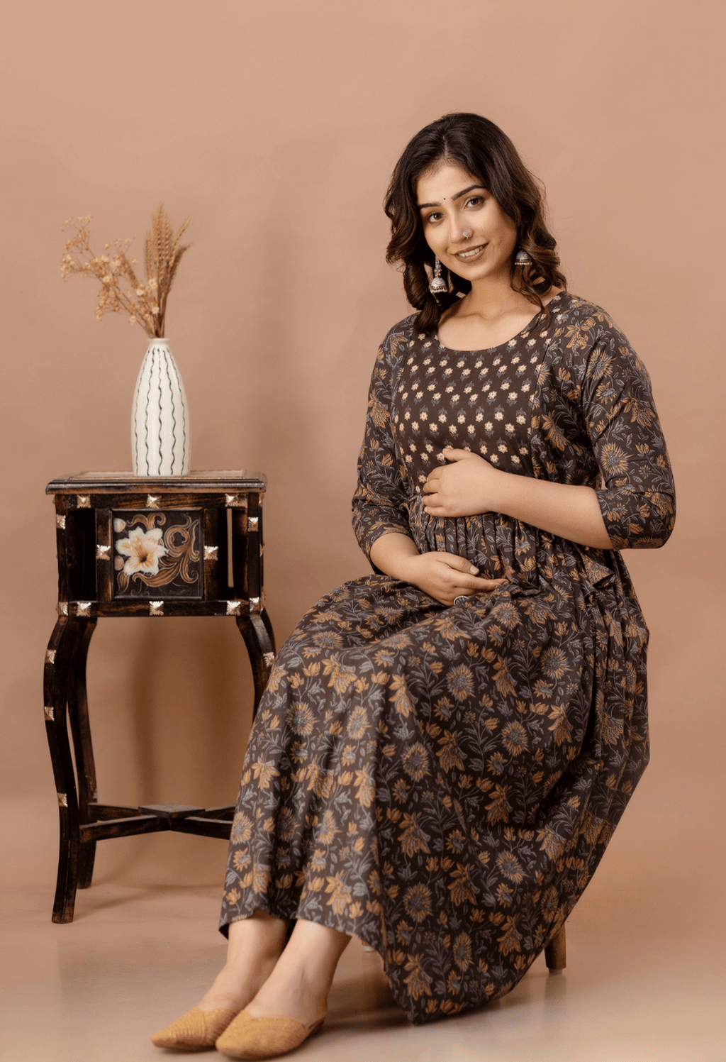 Coffee Brown Floral Printed Viscose Rayon Maternity & Feeding Maxi Dress