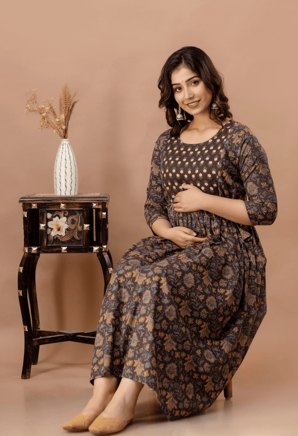 Coffee Brown Floral Printed Viscose Rayon Maternity & Feeding Maxi Dress