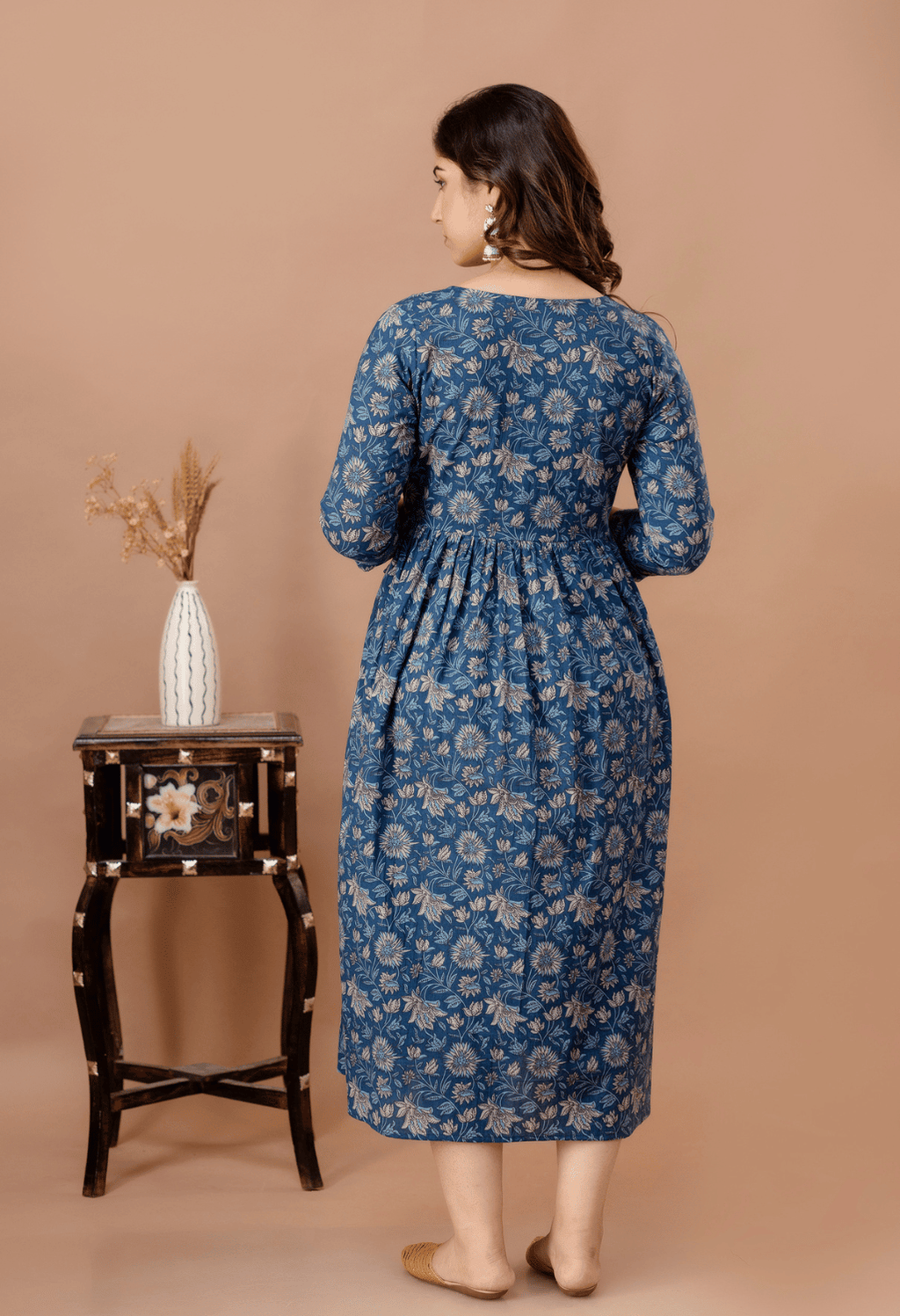 Dusty Blue Floral Printed Viscose Rayon Maternity & Feeding Maxi Dress