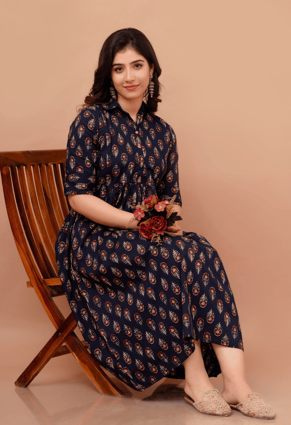 Navy Blue Buta Printed Collared Viscose Rayon Maternity & Feeding Midi Dress